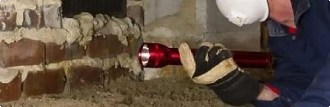Pest control technician inspecting a crawl space for ant activity in Clawson, MI