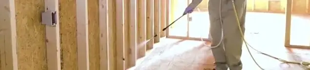 Termite treatment technician applying spray along framing and unfinished walls in Sterling Heights, MI